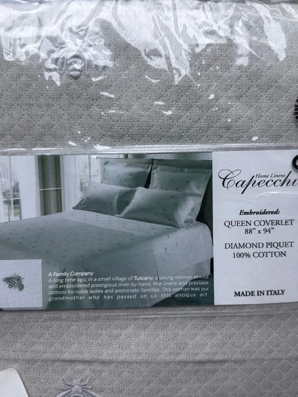 Capecchi Diamond Piquet Embroidered Queen Cotton Coverlet Made In Italy, Gray